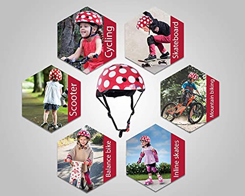 KIDDIMOTO Casco Bicicleta Completamente Ajustabl - Bici Casco para Infantil y Niños para Patinete, Ciclismo, Scooter, Bicicleta de Equilibrio y Monopatin - Puntos Rojos - M (53-58cm)