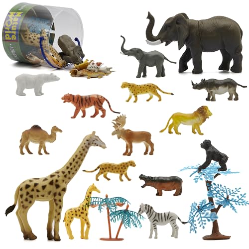 Kidow Toys Juego de 22 Piezas de Animales Salvajes, Mini Figuras de Animales de la Selva para niños, Juguetes realistas de Animales del Bosque para niños y Accesorios, Figuras educativas de Animales