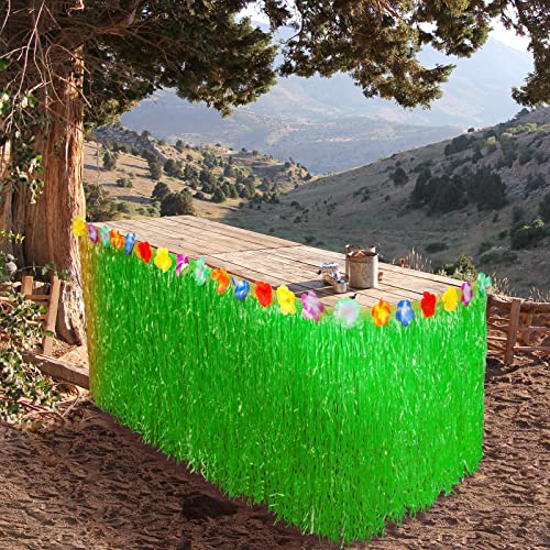 KINBOM 276x60cm Falda Hawaiana Mesa, con Flor Falsa de Colores Autoadhesiva Tropical Falda de Mesa para Fiestas de Barbacoa al Aire Libre Fiestas de Verano en el Jardín Decoraciones (Verde)