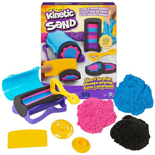 Kinetic Sand - Arena MÁGICA - Slice N' Surprise - 383g de Arena Negra, Rosa y Azul y 7 Herramientas - Kit Manualidades Niños - 6063482 - Juguetes Niños 3 Años +