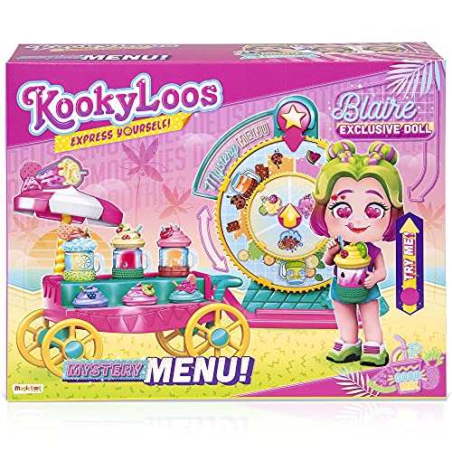 KOOKYLOOS Mystery Menu – Carrito de batidos con más de 15 accesorios y muñeca exclusiva con 3 expresiones divertidas, Incluye accesorios de moda, zapatos, vestidos y juguetes