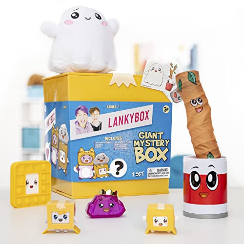 LankyBox Caja misteriosa gigante: funda cuadrada portátil, 2 figuras, un juguete para la ansiedad esponjoso, canny con adhesivo emergente y 3 calcomanías