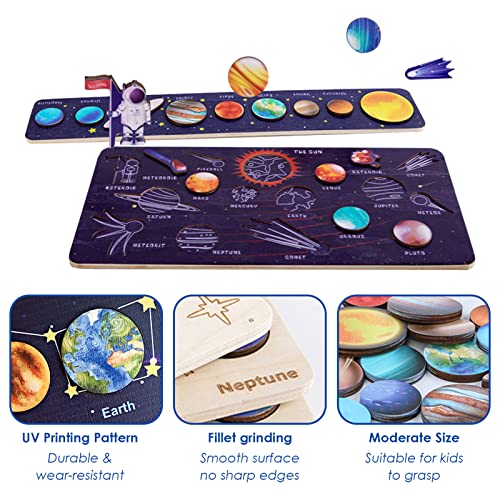 LAPONO Rompecabezas del Sistema Solar Puzzle Space Planet para Niños Juguetes Educativos de Madera Planetas Puzzles Aprendizaje de Juguete para Niño Pequeños Entrenamiento de Pensamiento（A）