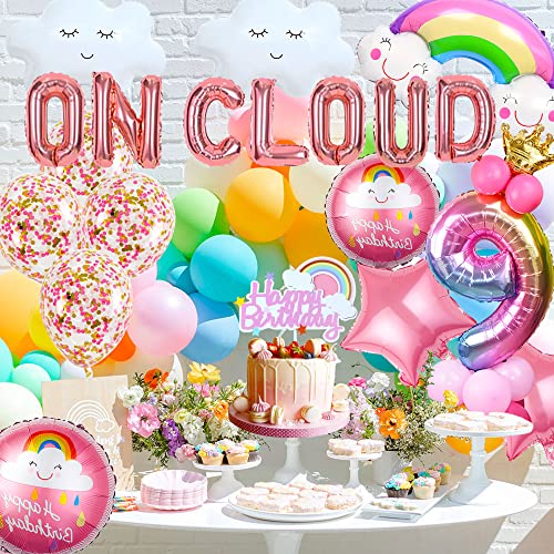 LaVenty Globos On Cloud 9 ROSA ORO Banner On Cloud Nine Decoracion de Fiesta de Cumpleaños para Niña de 9 Años Invitacion de Fiesta de Cumpleaños Decoracion