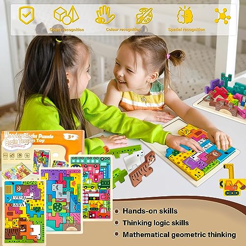 LEcylankEr Puzzle Tetris de Madera para Infantil, 3 PCS Puzzle de Juguetes Montessori 2 3 4 Años, Set de Puzzle de Madera Educativo Colorido, Juguetes Educativos Regalos para Niños y Niñas