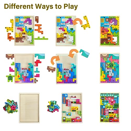 LEcylankEr Puzzle Tetris de Madera para Infantil, 3 PCS Puzzle de Juguetes Montessori 2 3 4 Años, Set de Puzzle de Madera Educativo Colorido, Juguetes Educativos Regalos para Niños y Niñas