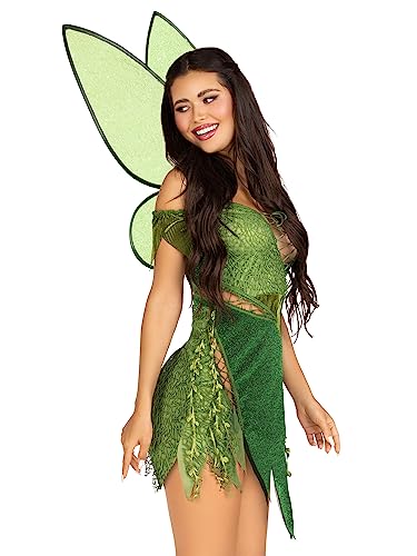 Leg Avenue 3 PC Forest Fairy, includes patchwork dress with adjustable lace ups and tattered skirt, leaf acents, detachable clear straps and shimmer fairy wings