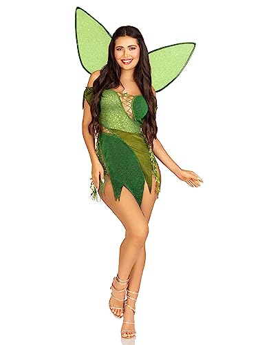 Leg Avenue 3 PC Forest Fairy, includes patchwork dress with adjustable lace ups and tattered skirt, leaf acents, detachable clear straps and shimmer fairy wings