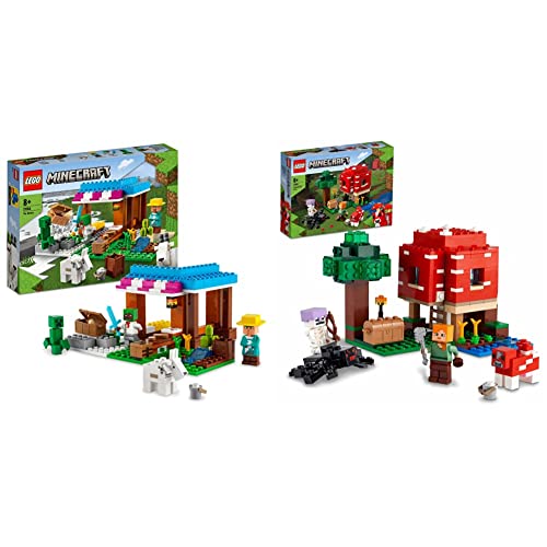 LEGO 21184 Minecraft La Pastelería, Set de Construcción Inspirado en Videojuego, Granja de Juguete y Aldea & 21179 Minecraft La Casa-Champiñón, Juguete para Niños, Idea de Regalo con Figuras de Alex