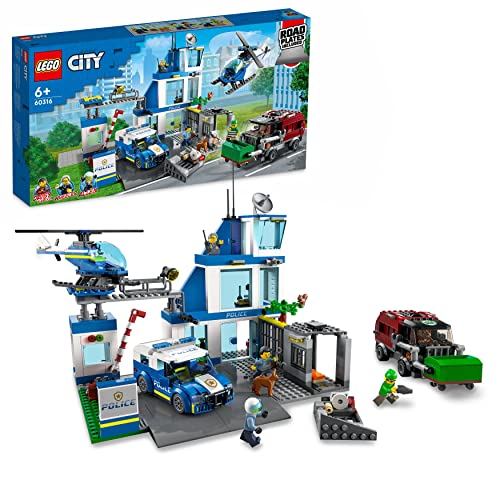 LEGO 60316 City Comisaría de Policía, Edificio con Cárcel, Helicóptero de Juguete, Furgón Policial y Camión, para Niños de 6 Años