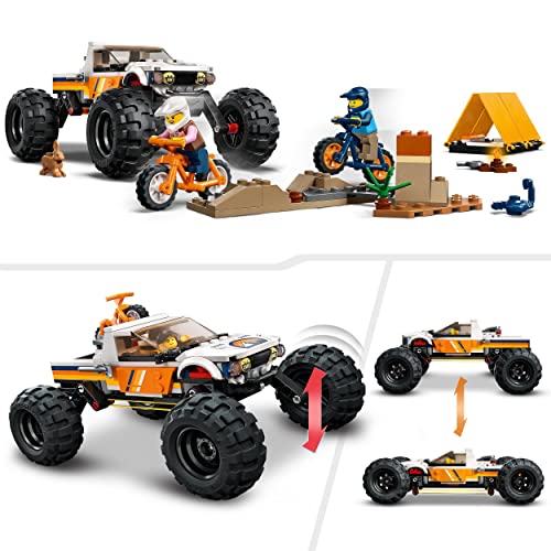 LEGO 60387 City Todoterreno 4x4 Aventurero, Coche de Juguete para Construir con Suspensión, Vehículo Estilo Monster Truck, Bicis Montaña y Camping