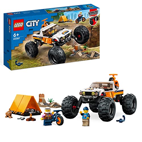 LEGO 60387 City Todoterreno 4x4 Aventurero, Coche de Juguete para Construir con Suspensión, Vehículo Estilo Monster Truck, Bicis Montaña y Camping