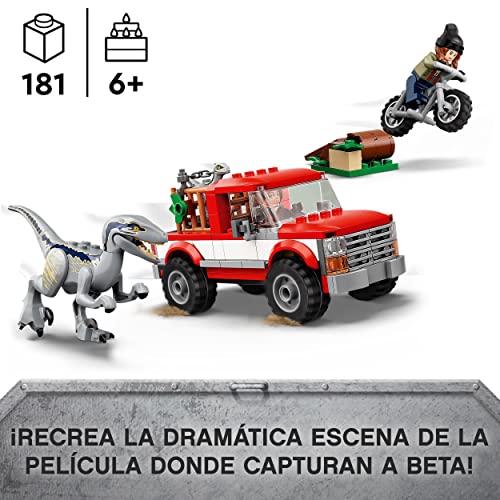 LEGO 76946 Jurassic World Captura de los Velocirraptores Blue y Beta, Dinosaurios Juguetes, Dino, Moto y Camión, Figuras de la Película Parque Jurásico, Regalo para Niños y Niñas a Partir de 6 Años