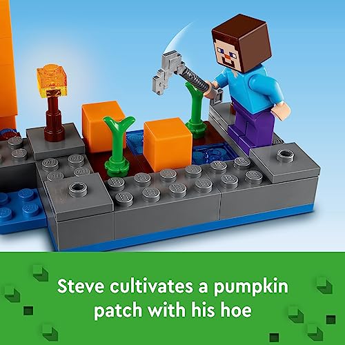 LEGO Minecraft The Pumpkin Farm 21248 Juguete de construcción, acción práctica en el bioma del pantano con Steve, una bruja, rana, barco, cofre del tesoro y parche de calabaza, juguete de Minecraft
