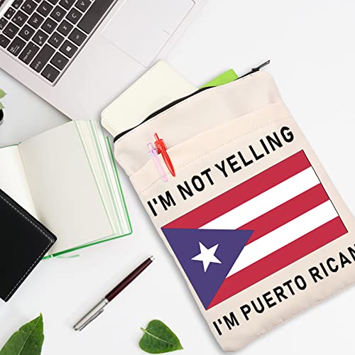 LEVLO Divertida funda de libro de Puerto Rico Souvenirs I'm Not Yelling I'm Puerto Rican Book Sleeve con cremallera y bolsillo frontal bandera regalos (soy puertorriqueña)