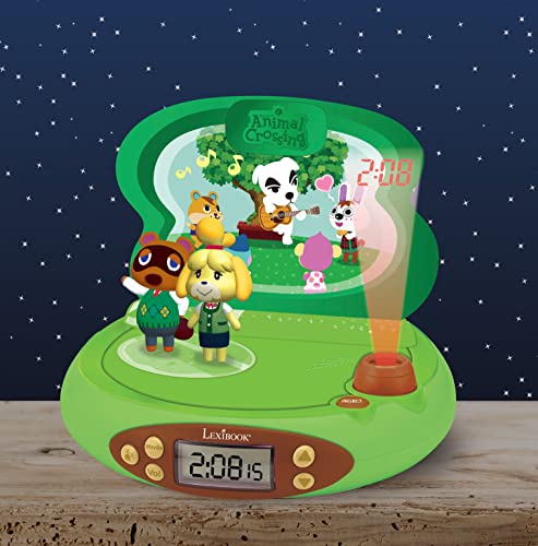 LEXIBOOK - Nintendo - Reloj Despertador con Proyector de Animal Crossing para niños - con Luz Nocturna y Proyección de Tiempo en el Techo, Efectos de Sonido, Niños, Niñas, Verde - RP500AC
