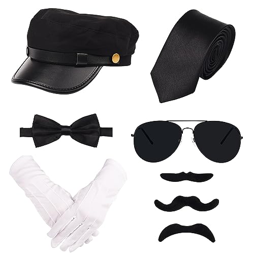 Lezevn 8 piezas de accesorios de disfraz de chofer, disfraz de conductor de limusina, sombrero negro, pajarita, gafas de sol autoadhesivas, guantes blancos para cosplay y maleza