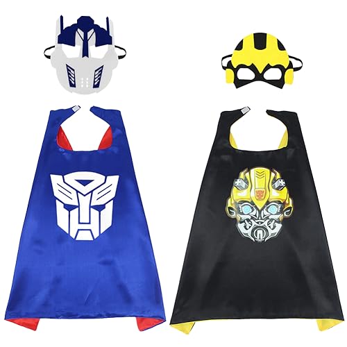 LGQHCE Capa de Transformers para Niños,2 Set Optimus Prime Bumblebee Capas y Máscaras Set,Cosplay Fiesta de Cumpleaños,Dibujos Animados Capa Vestir,Adecuado para Todo Tipo de Fiesta de Cosplay