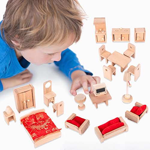 LICHENGTAI Casa de Muñecas Madera para Niños, Juegos de Muebles en Miniatura de Madera de Casa de Muneca, Escena de La Vida Cocina Dormitorio Baño Juguete para Niños