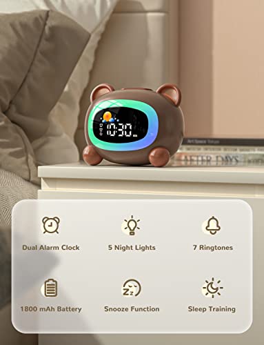 LIORQUE Despertador Infantil con luz Nocturna, 4 Niveles de Brillo Ajustables, 5 Colores Claros y 7 Música para Dormir, Despertador Digital con Función Recargable (Oso Marrón)