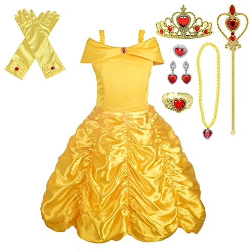 Lito Angels Vestido de Princesa Belle Disfraz la Bella y la Bestia con Corona y Accesorios para Niñas Talla 10-11 Años, Amarillo 077