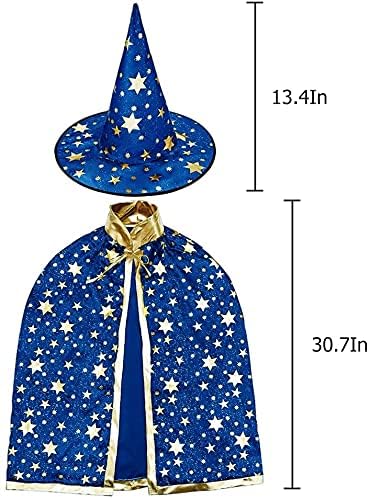 LJSW - Disfraz de bruja de Halloween, capa de hechicero con sombrero, capa de mago y sombrero para niños, para niños y niñas fiesta cosplay. (Azul)