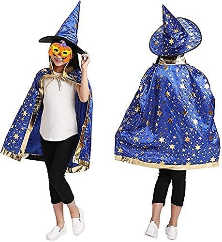 LJSW - Disfraz de bruja de Halloween, capa de hechicero con sombrero, capa de mago y sombrero para niños, para niños y niñas fiesta cosplay. (Azul)