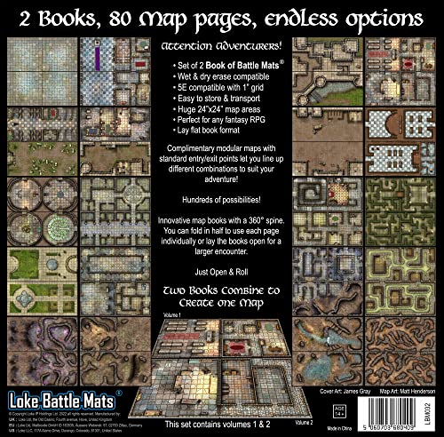 Loke Battle Mats Libro Bandeja de Juego: Pack de 2 Libros - Castles, Crypts & Caverns
