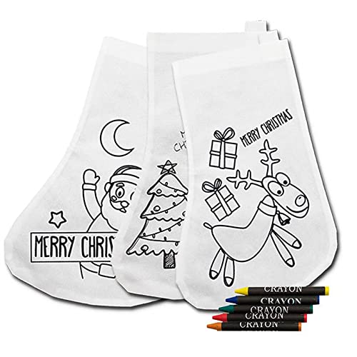 Lote 20 Calcetines para Colorear diseños de Navidad, con 5 Ceras Cada calcetín. Regalos Baratos Infantiles, calcetín con asa para Colgar, Regalos navideños guarderías, colegios