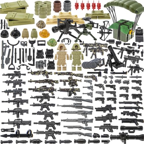 LSTEM 180pcs Armas-Ametralladoras-Rifles Compatibles con Las Principales Marcas-Pistolas, Minifiguras-Base-Juguetes-Soldados, WW2-Moderno-SWAT-Cinturón-Munición-Decaciones para Militares-Hombres