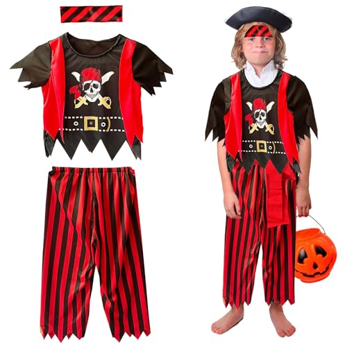 LUKIUP Disfraz Pirata Niños, Set de 3pcs Disfraz Pirata, S/M/L/XL Party Disfraz de Pirata con Accesorios Pirata de Diadema para Disfraz Halloween Cosplay Carnaval Fiesta