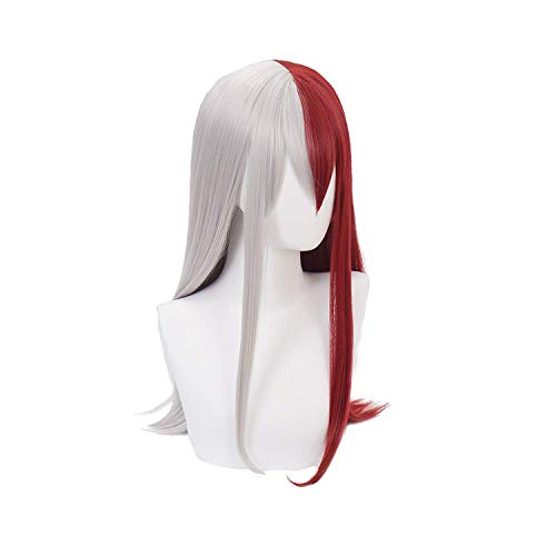 LZT 65cm Mujer Chica Larga Recta Rojo Plata Anime Cosplay Peluca para My Hero Academia Shoto Todoroki Pelucas sintéticas con gorro de peluca gratis