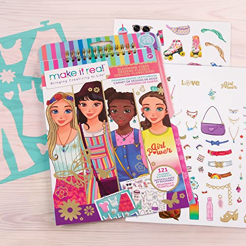 Make It Real Love and Daisy - Cuaderno de bocetos con plantillas y calcomanías para la creatividad, diseño de moda inspirado en el amor y la margarita, libro para colorear para niñas