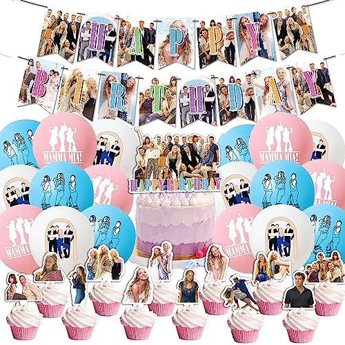 Mamma Mia,Decoraciones de fiesta de cumpleaños Mamma Mia Suministros de fiesta de cumpleaños Pancarta de feliz cumpleaños, decoración de pasteles, decoración de cupcakes para fiesta de cumpleaños