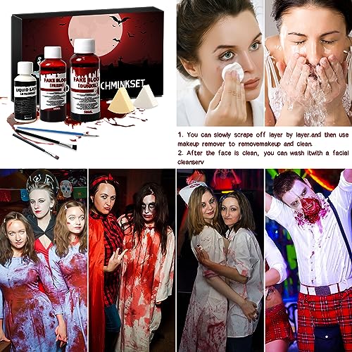 Maquillaje para Halloween Zombie Vampiro, Sangre Falsa + Sangre Falsa Carmesí + Brochas y Esponjas de Maquillaje Especiales SFX Maquillaje Set
