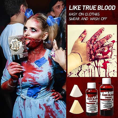 Maquillaje para Halloween Zombie Vampiro, Sangre Falsa + Sangre Falsa Carmesí + Brochas y Esponjas de Maquillaje Especiales SFX Maquillaje Set