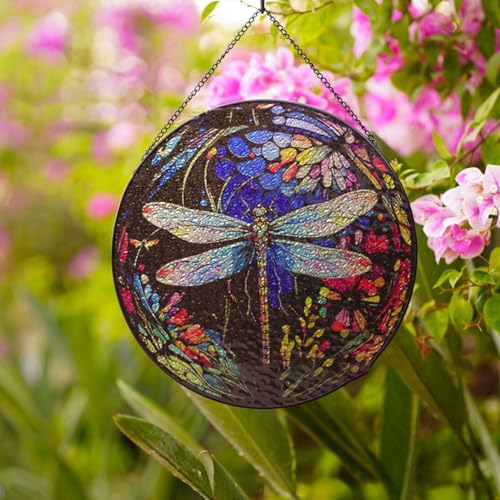 Marco de libélula acrílica colgante, vitral vibrante, ambiente único y divertido, fácil de colgar con cadenas y ventosas (A)