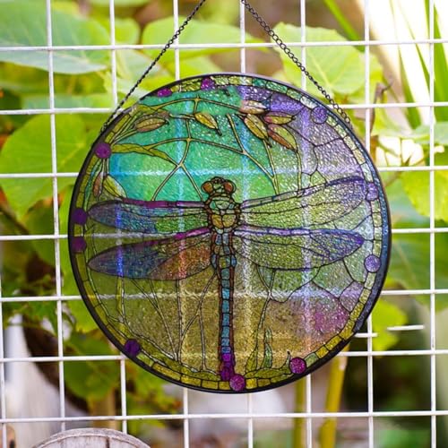 Marco de libélula acrílica colgante, vitral vibrante, ambiente único y divertido, fácil de colgar con cadenas y ventosas (A)