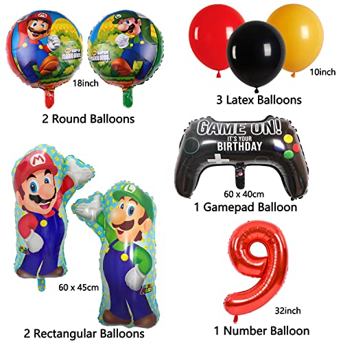 Mario Decoración Cumpleaños Globos Niño 9 año, Super Mario Balloons, Niños Niñas Juego de Decoración de Cumpleaños,Suministros para Fiestas Infantiles, Cumpleaños Fiesta Globos de Papel de Aluminio