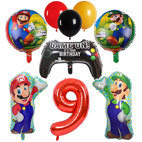 Mario Decoración Cumpleaños Globos Niño 9 año, Super Mario Balloons, Niños Niñas Juego de Decoración de Cumpleaños,Suministros para Fiestas Infantiles, Cumpleaños Fiesta Globos de Papel de Aluminio