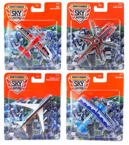 Matchbox Sky Busters Paquete de 4 modelos fundidos a troquel con temática de horizonte de la ciudad, plumero de cosechas, helicóptero de la fuerza de la hoja, Boeing 7478 Intercontinental y