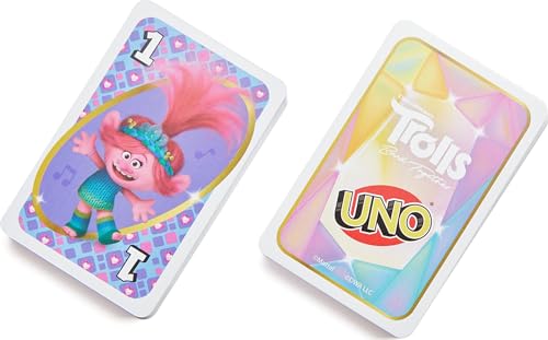 Mattel ​Games UNO Trolls Band Together Juego de cartas para viajes nocturnos familiares y camping inspirado en la película