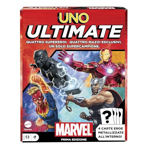 Mattel Games - UNO Ultimate Marvel - El icónico juego con 4 cartas laminadas coleccionables y superhéroes Marvel incluyendo Black Panther, Captain Marvel, Iron Man y Thor, juguete para niños, 7+ años,