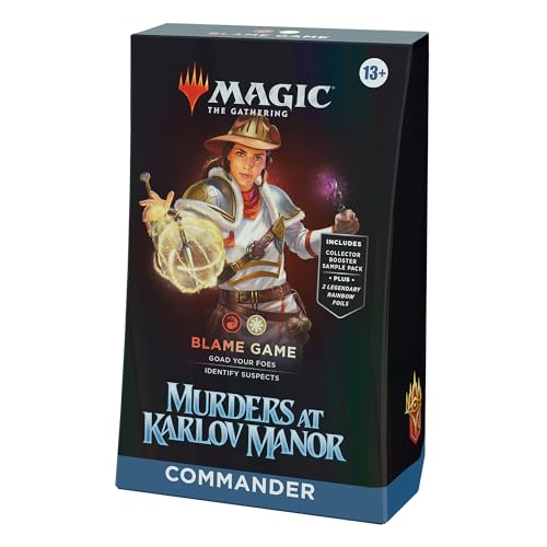 Mazo de Commander de Asesinatos en la mansión Karlov, de Magic: The Gathering - Blame Game, mazo de 100 cartas, sobre de coleccionista con 2 cartas de muestra + accesorios, Version Anglaise