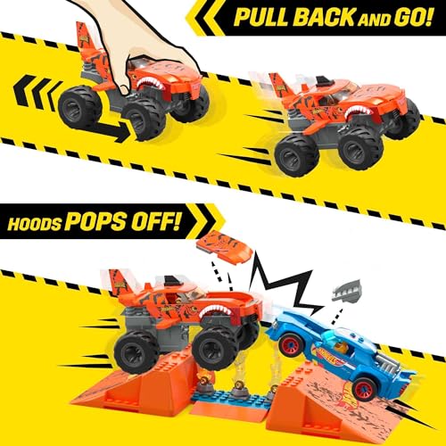 MEGA Construx Hot Wheels Monster Trucks Pista Tiger Shark Coches con set de juego de bloques de construcción con accesorios, juguete +5 años (Mattel HKF88)
