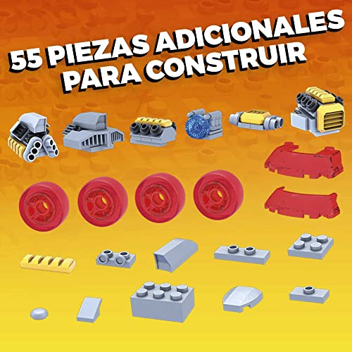 Mega Construx Personaliza tu coche Hot Wheels, juego de construcción para niños con más de 55 piezas, incluye 485 bloques y piezas especiales de 4 microfiguras (Mattel GVM13)