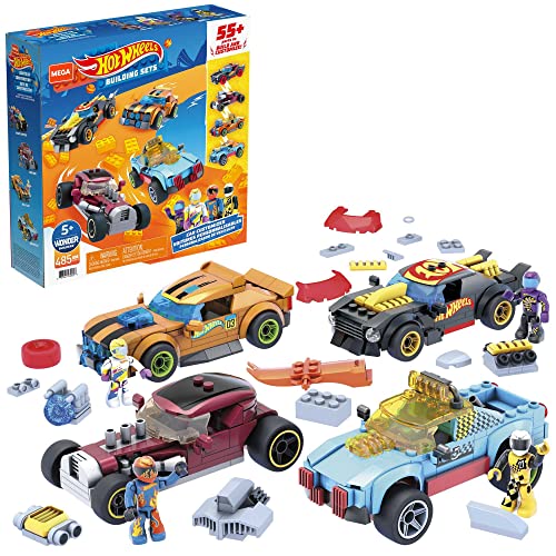Mega Construx Personaliza tu coche Hot Wheels, juego de construcción para niños con más de 55 piezas, incluye 485 bloques y piezas especiales de 4 microfiguras (Mattel GVM13)