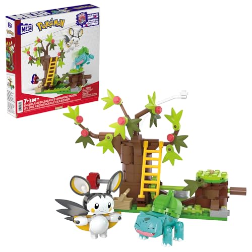 MEGA Pokémon Emolga y Bulbasaur en el bosque encantador 188 bloques de construcción con movimiento y 2 personajes, juguete +7 años (Mattel HTH69)