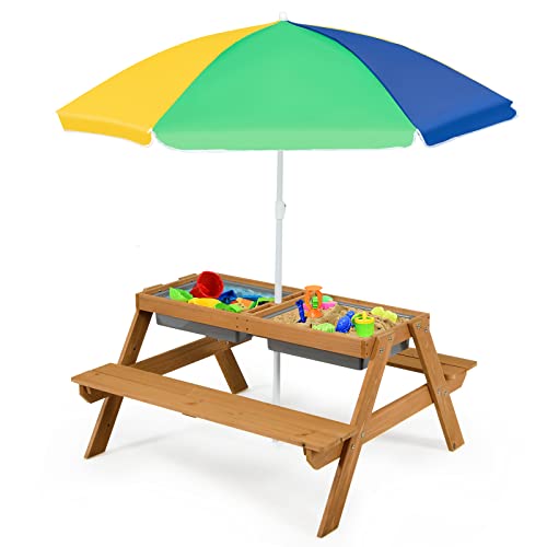Mesa de Picnic para niños, Mesa de Juego de Agua y Arena de Madera 3 en 1 y Juego de Banco, Muebles de jardín para niños, sombrilla (Verde+Amarillo+Azul)