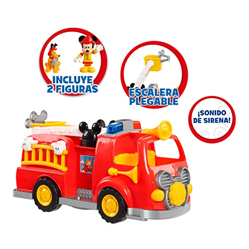 Mickey & Minnie-Coche de Bomberos,set de juguete con vehículo y 2 figuras articuladas,camión de bomberos con escalera extensible,sonidos y luces,y los personajes Mickey Mouse y Pluto,Famosa (MCC00000)